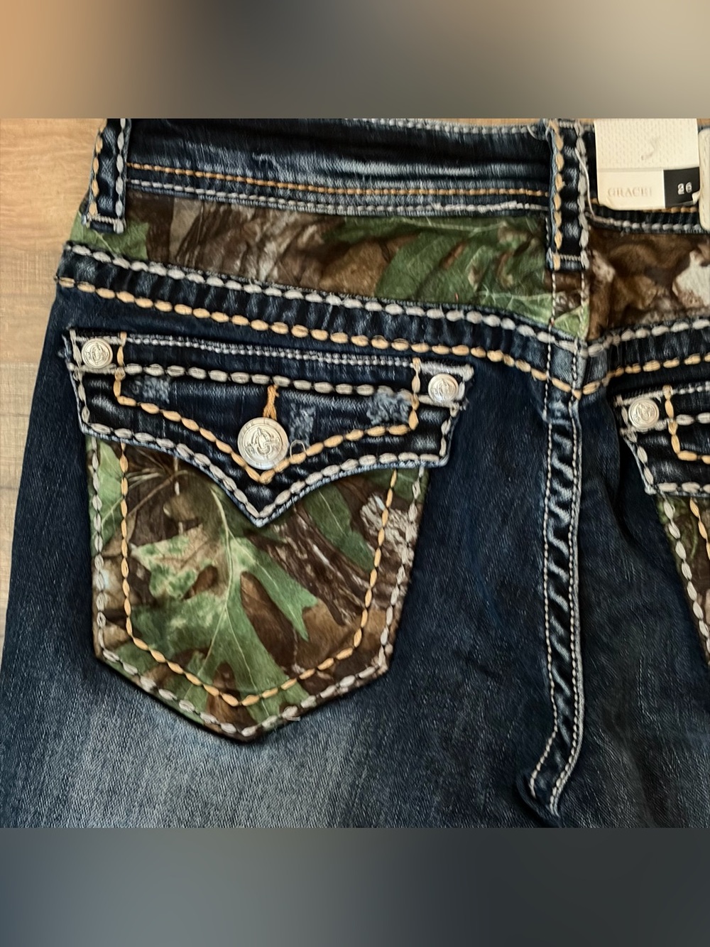 Grace in LA Camo Yoke Embellished Distressed Bootcut Jeans 2/26 NWT - Picture 8 of 10